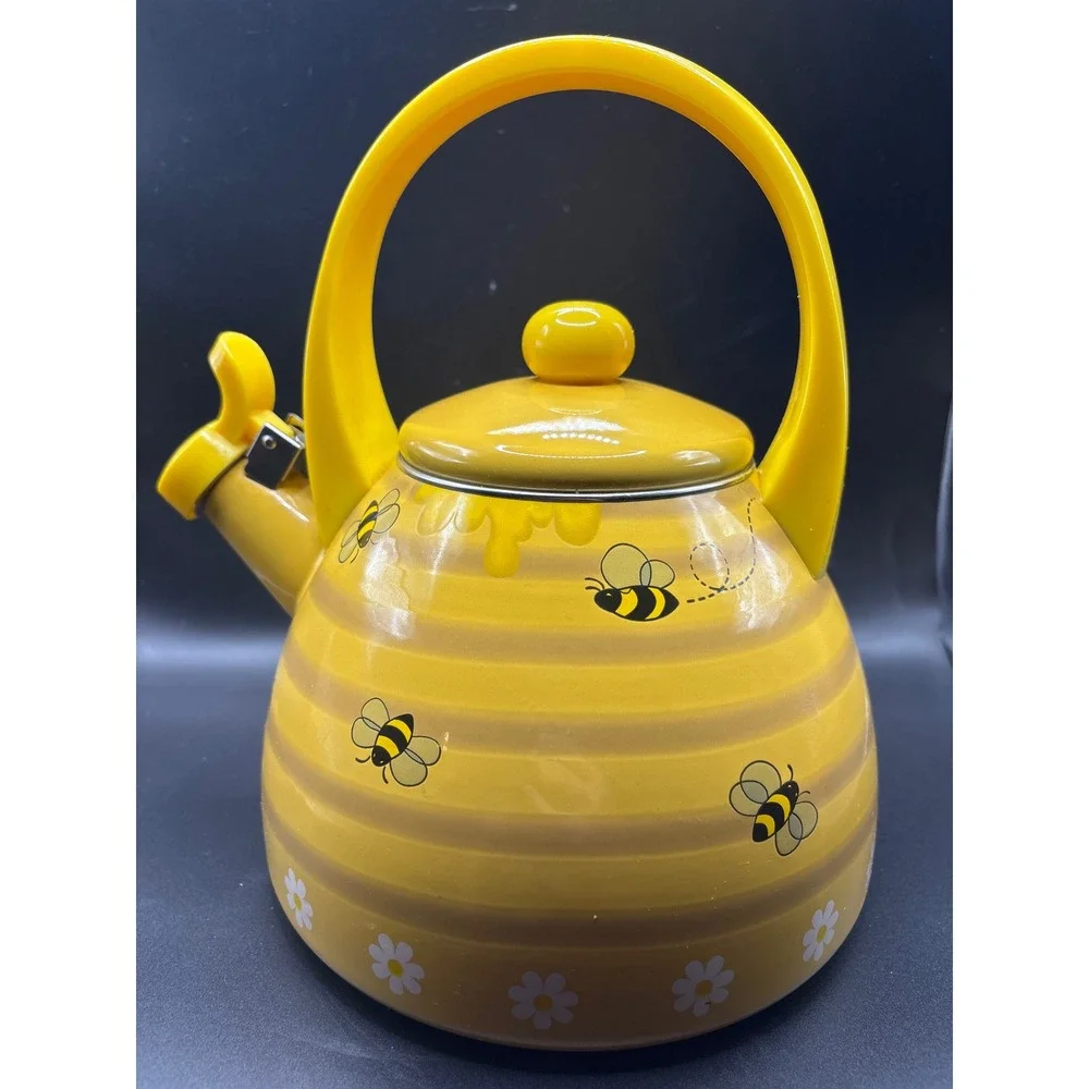 Bumblebee Honey Pot Whistling Tea Kettle Yellow Enamel Stovetop Bee Daisy Design